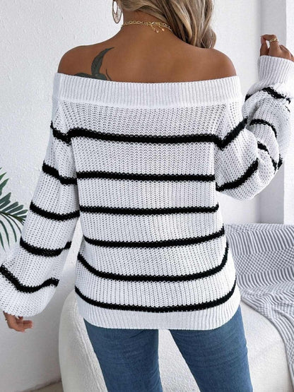 Striped Off-Shoulder Long Sleeve Sweater - Love Salve 