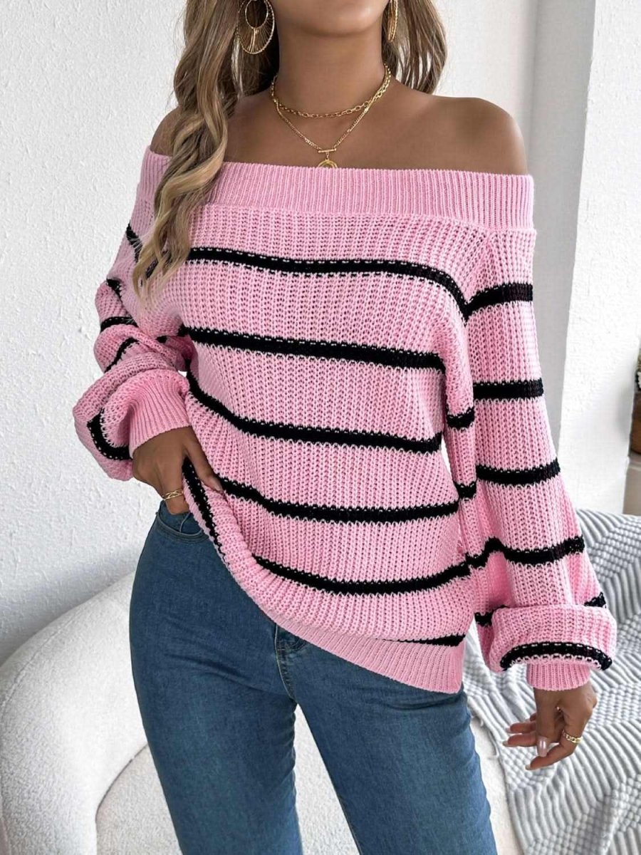Striped Off-Shoulder Long Sleeve Sweater - Love Salve 