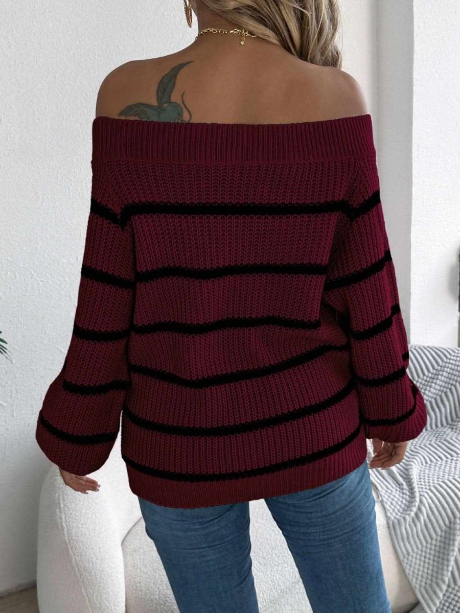 Striped Off-Shoulder Long Sleeve Sweater - Love Salve 