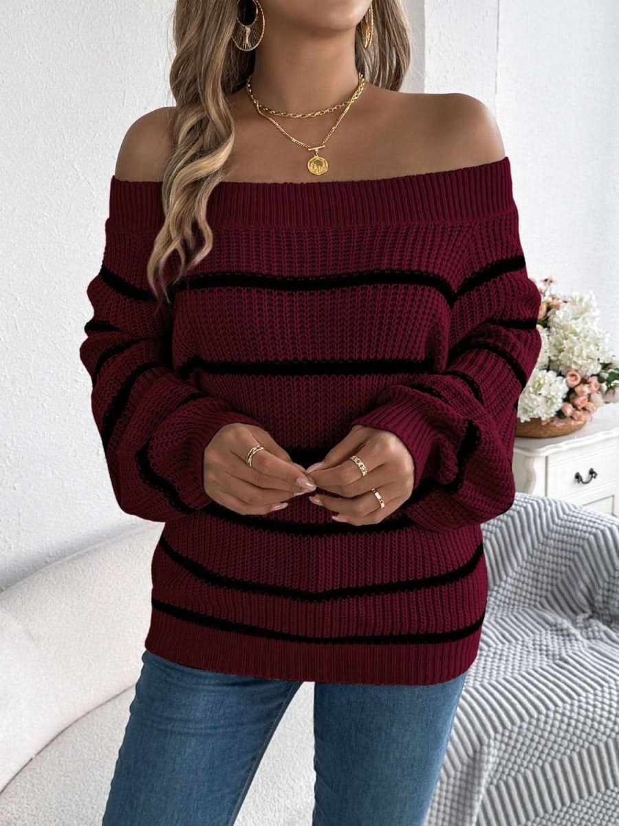 Striped Off-Shoulder Long Sleeve Sweater - Love Salve 