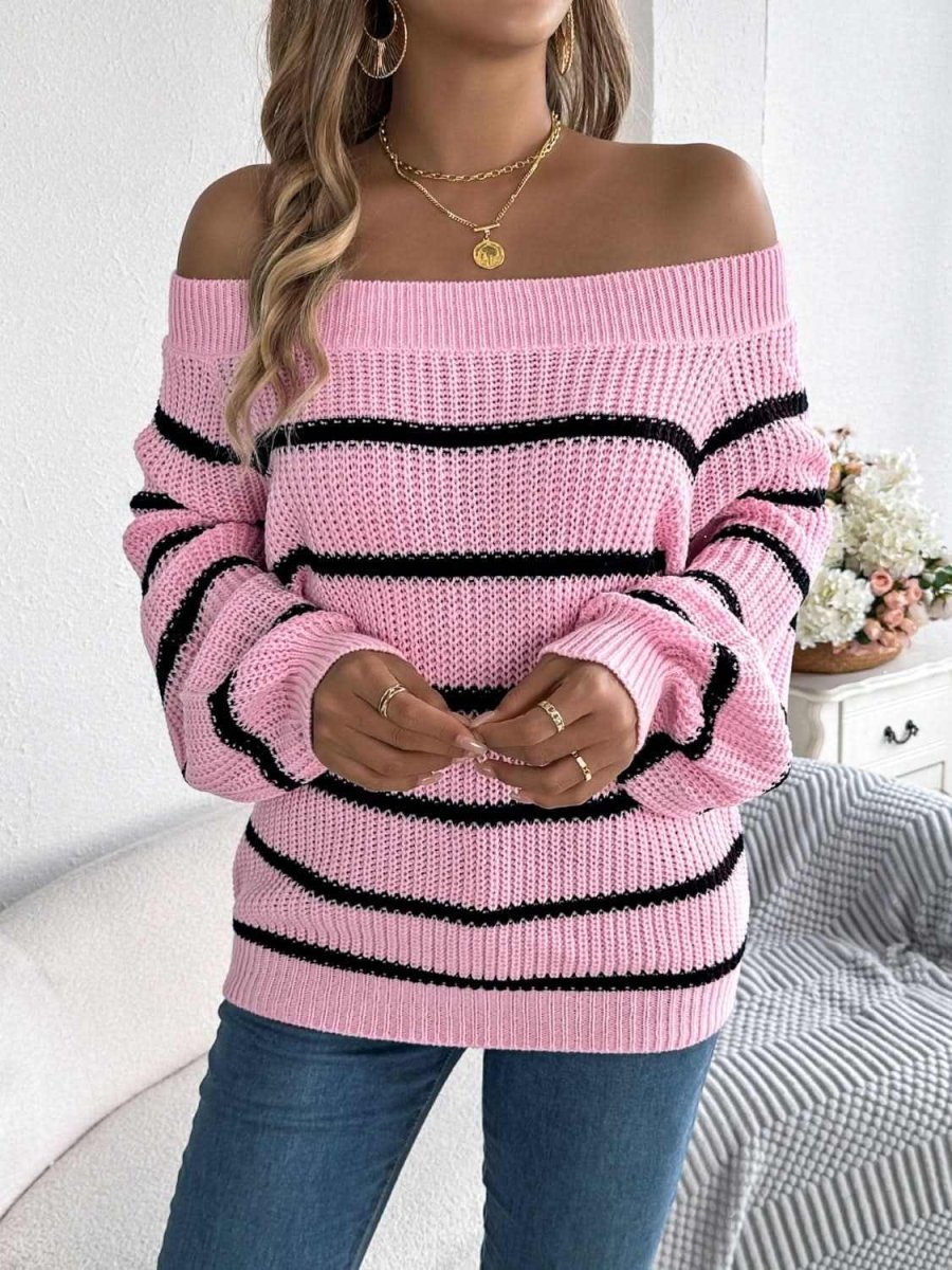 Striped Off - Shoulder Long Sleeve Sweater - Love Salve