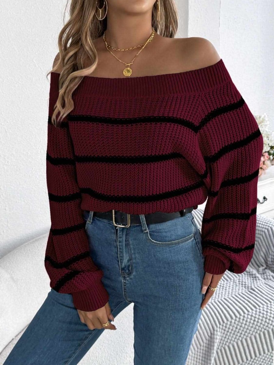 Striped Off-Shoulder Long Sleeve Sweater - Love Salve 