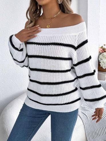 Striped Off - Shoulder Long Sleeve Sweater - Love Salve