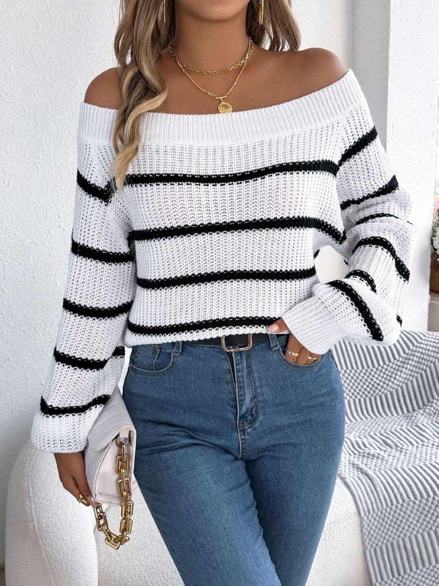 Striped Off-Shoulder Long Sleeve Sweater - Love Salve 