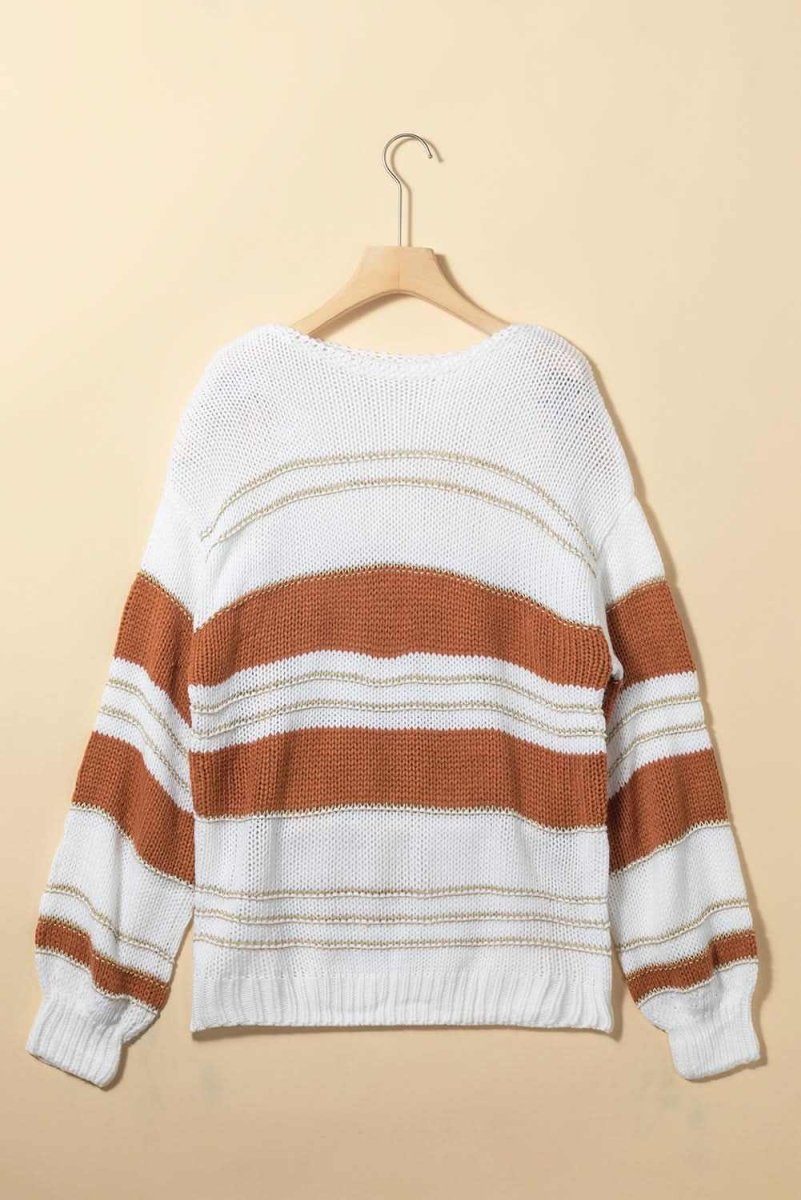 Striped Round Neck Dropped Shoulder Sweater - Love Salve 
