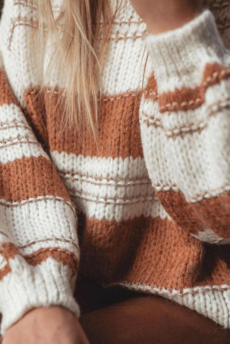 Striped Round Neck Dropped Shoulder Sweater - Love Salve
