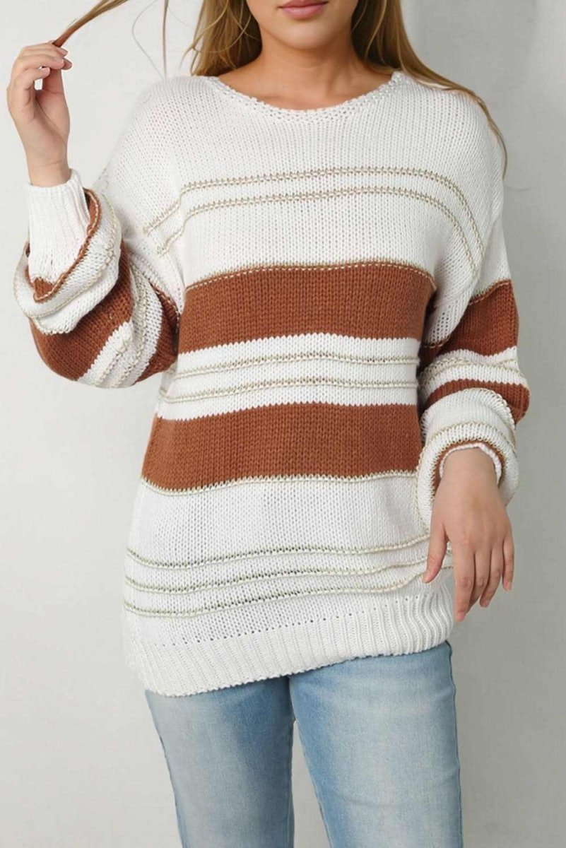 Striped Round Neck Dropped Shoulder Sweater - Love Salve 
