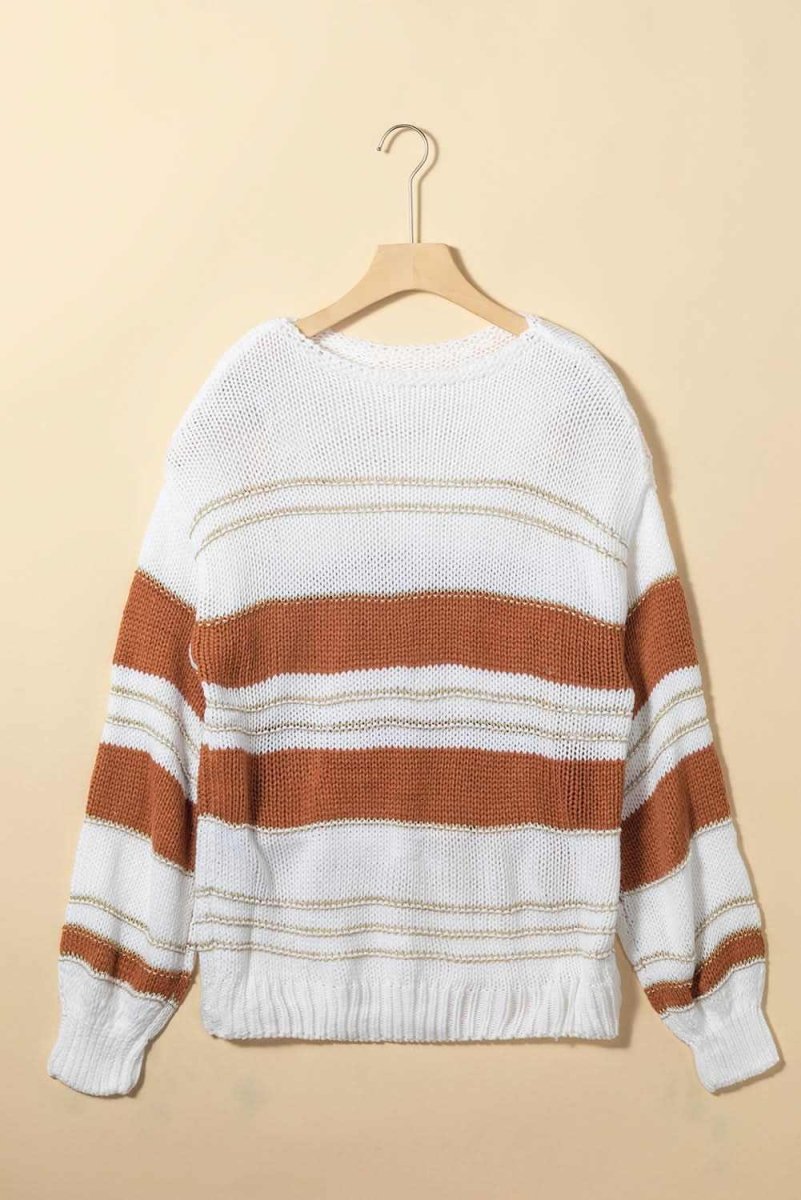 Striped Round Neck Dropped Shoulder Sweater - Love Salve