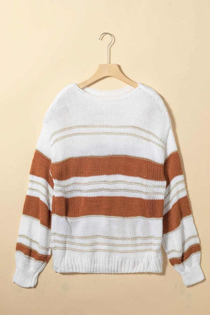 Striped Round Neck Dropped Shoulder Sweater - Love Salve