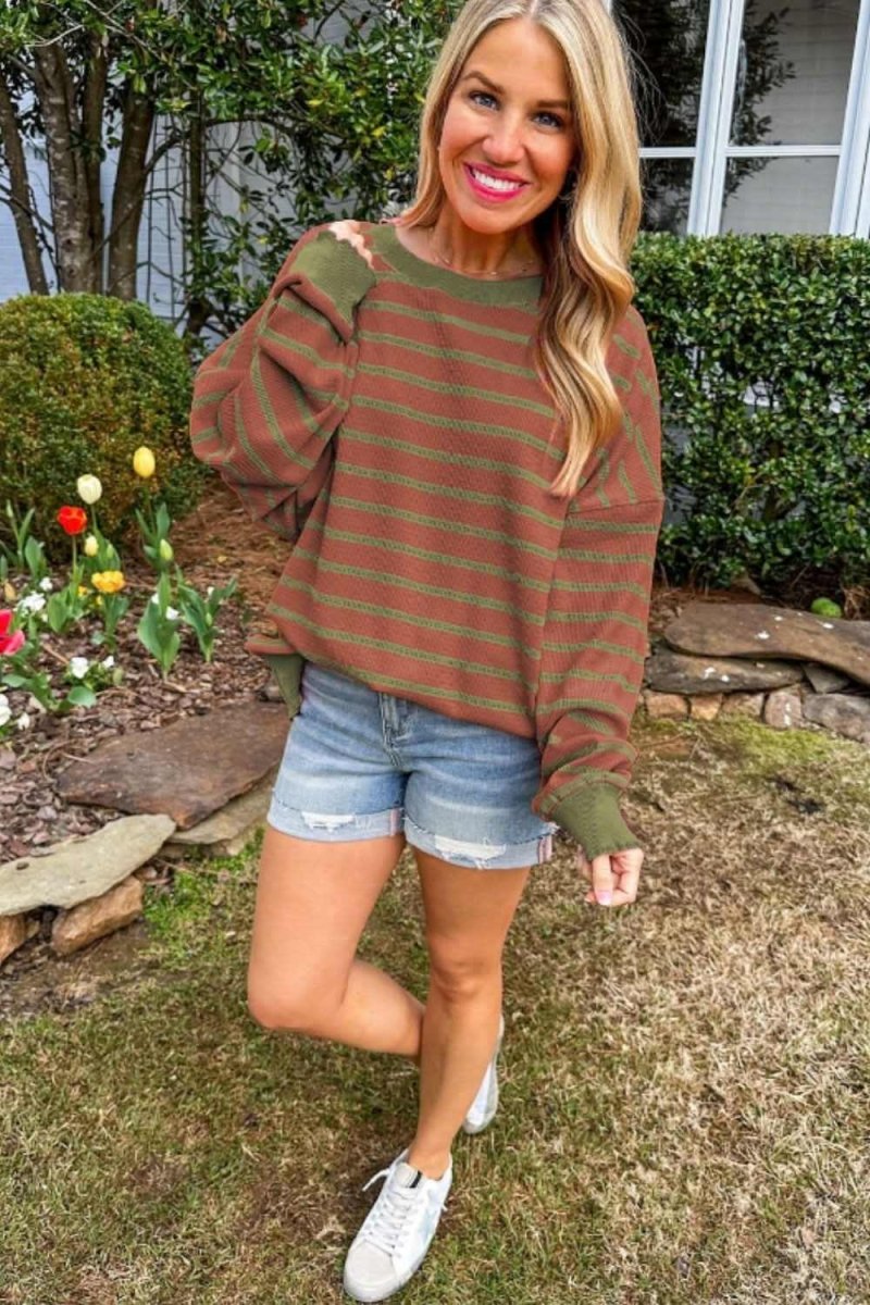 Striped Round Neck Long Sleeve Sweater - Love Salve 