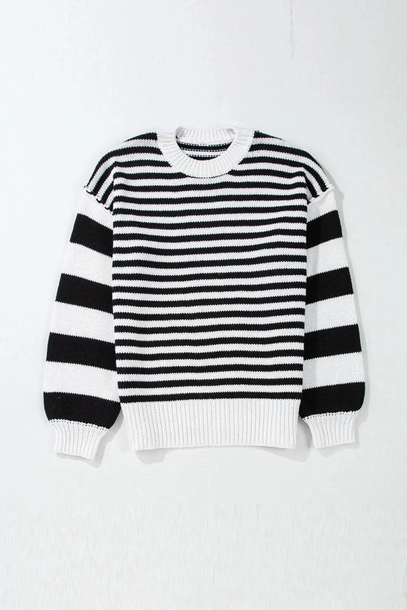 Striped Round Neck Long Sleeve Sweater - Love Salve 