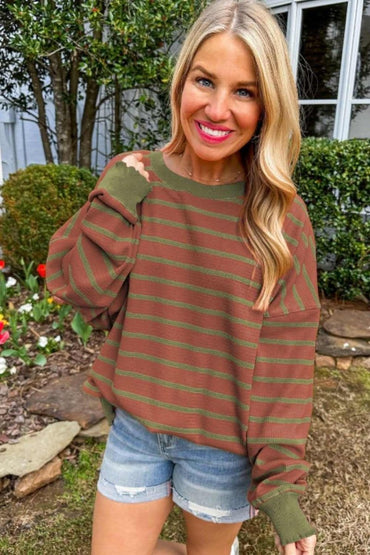 Striped Round Neck Long Sleeve Sweater - Love Salve 