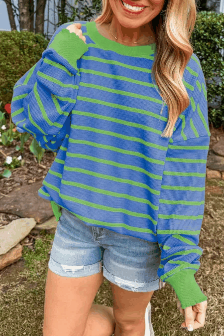 Striped Round Neck Long Sleeve Sweater - Love Salve 