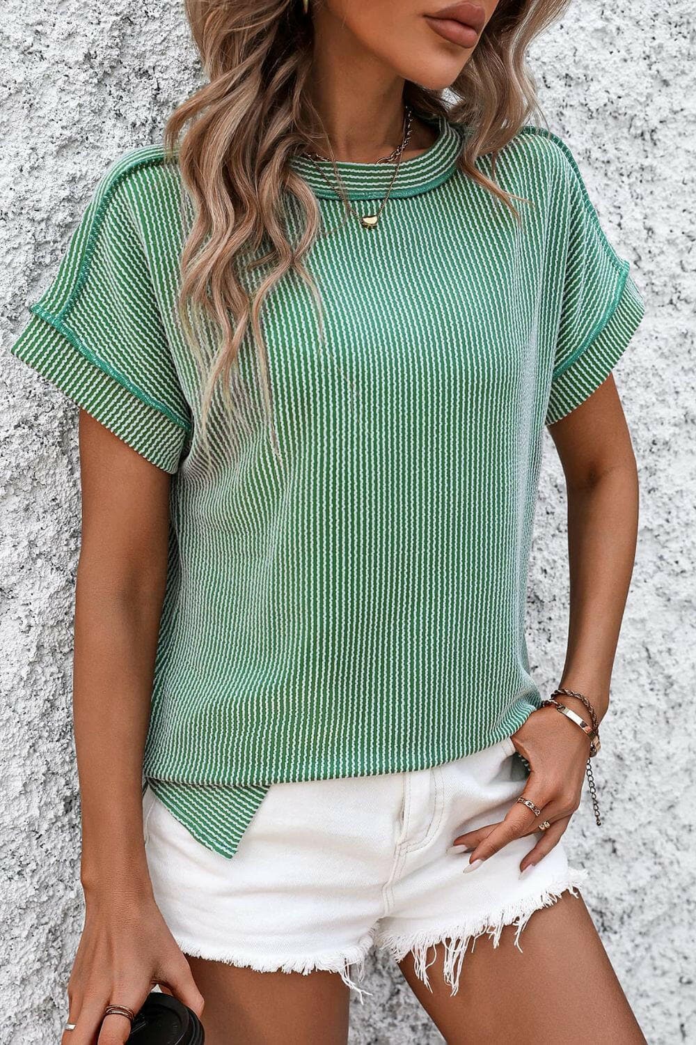 Striped Round Neck Short Sleeve T-Shirt - Love Salve