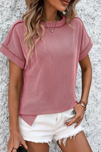 Striped Round Neck Short Sleeve T-Shirt - Love Salve