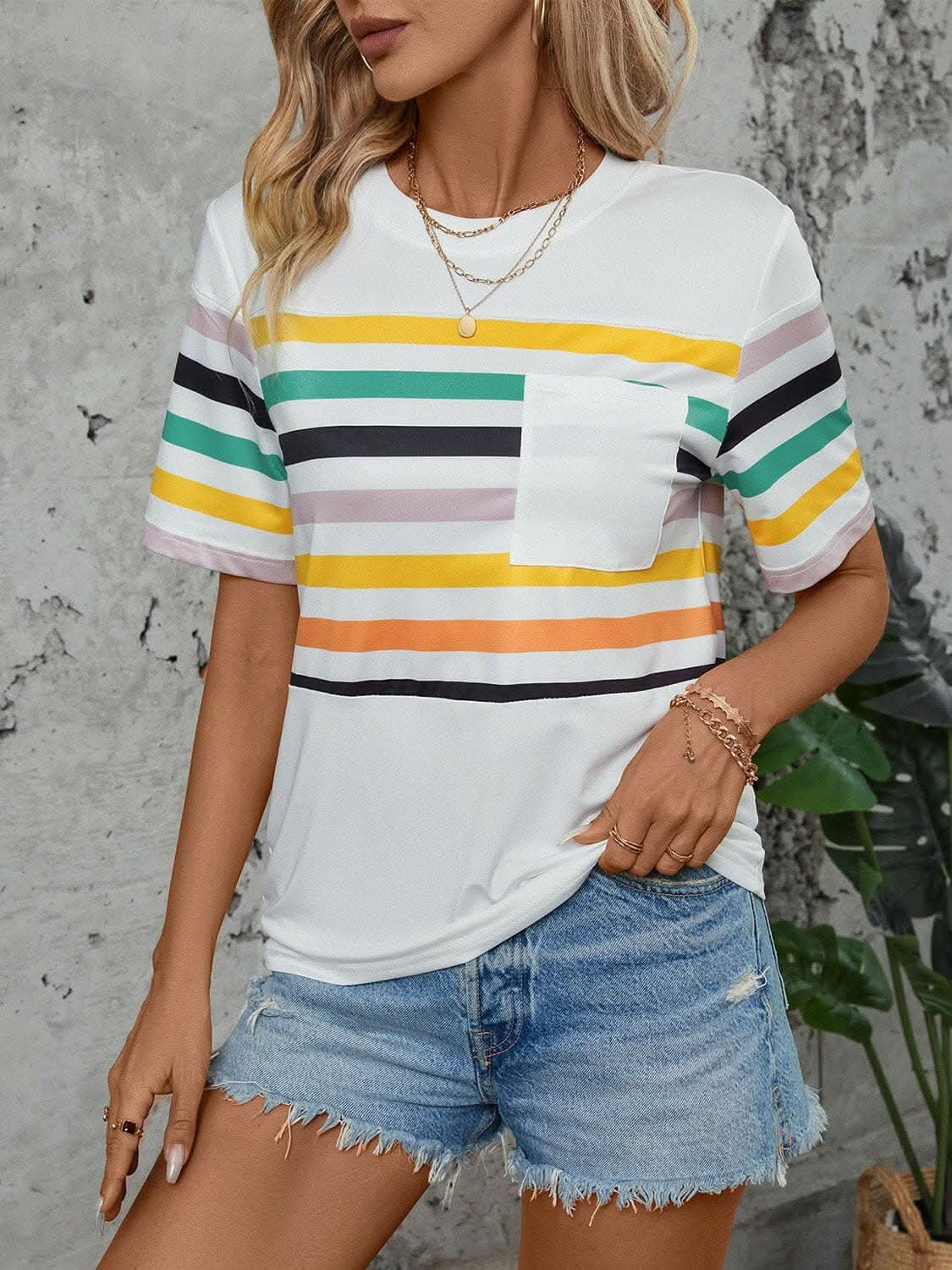 Striped Round Neck Short Sleeve T-Shirt - Love Salve