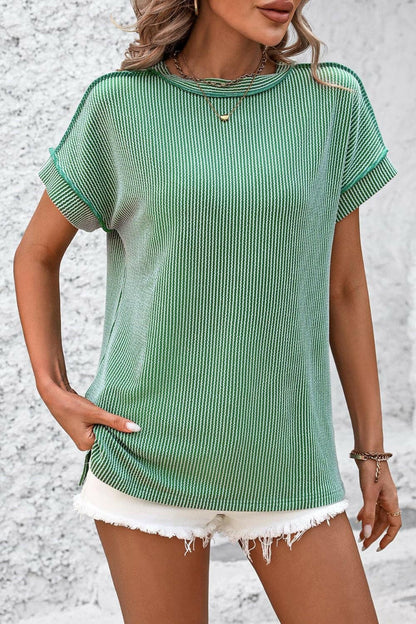 Striped Round Neck Short Sleeve T-Shirt - Love Salve