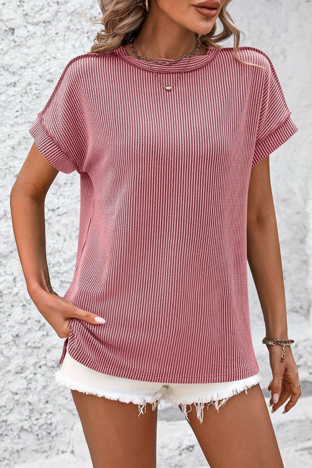 Striped Round Neck Short Sleeve T-Shirt - Love Salve