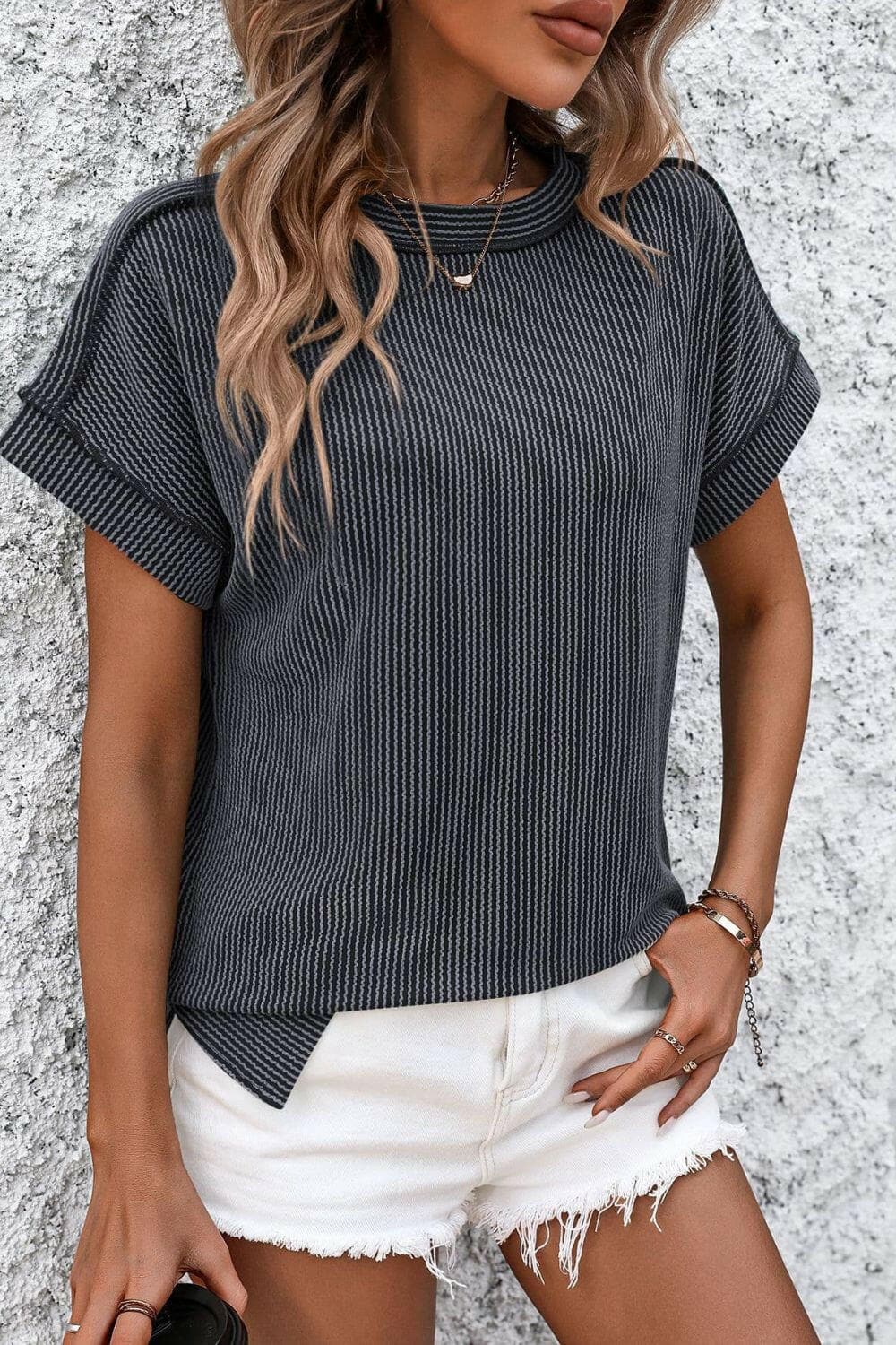 Striped Round Neck Short Sleeve T-Shirt - Love Salve