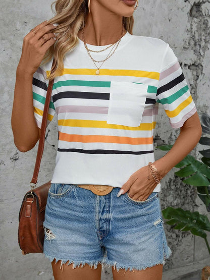 Striped short sleeve tee with colorful stripes, perfect for casual wear.