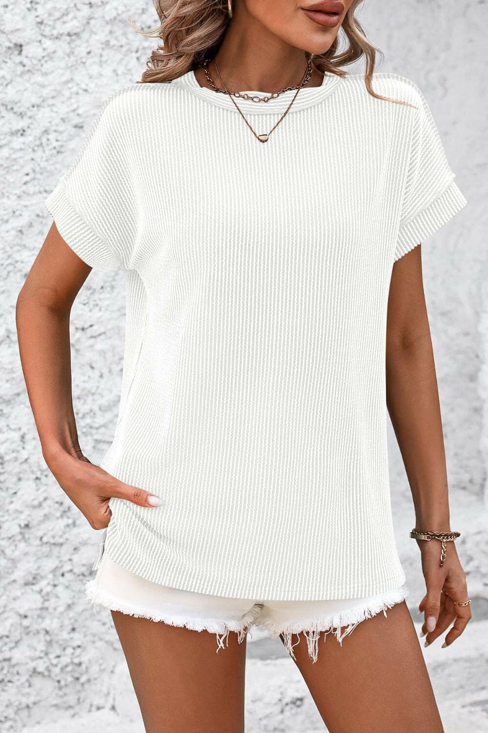 Striped Round Neck Short Sleeve T-Shirt - Love Salve