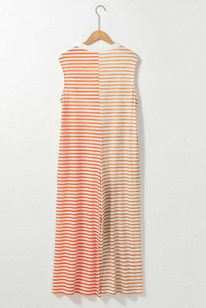 Striped Round Neck Sleeveless Jumpsuit - Love Salve