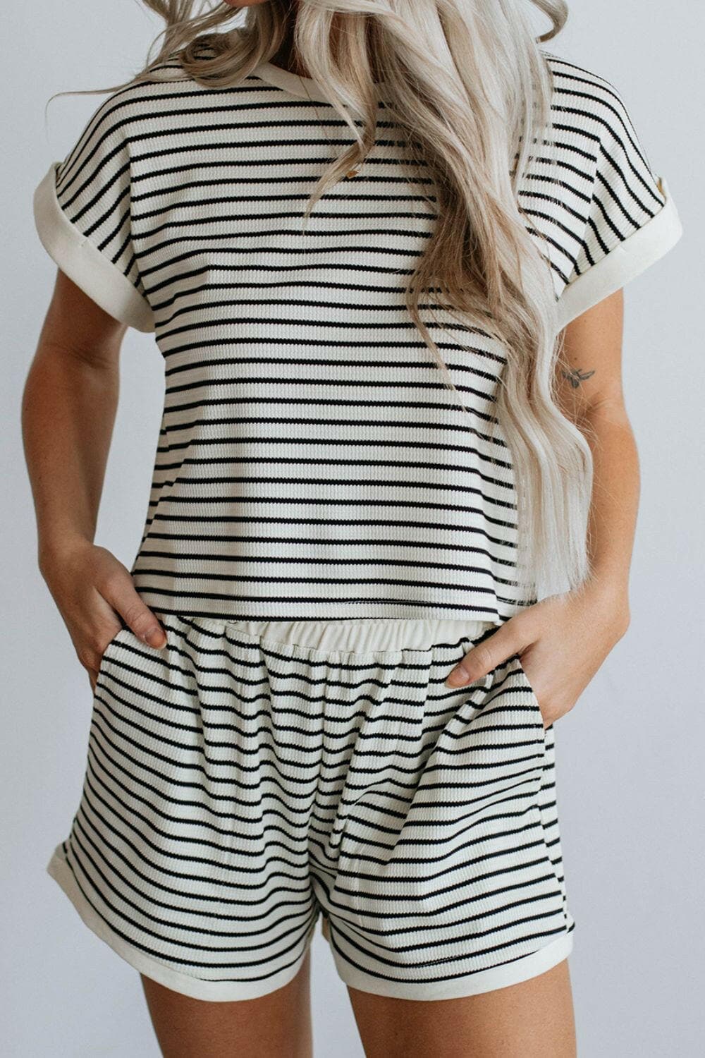 Striped Round Neck Top and Shorts Set - Love Salve