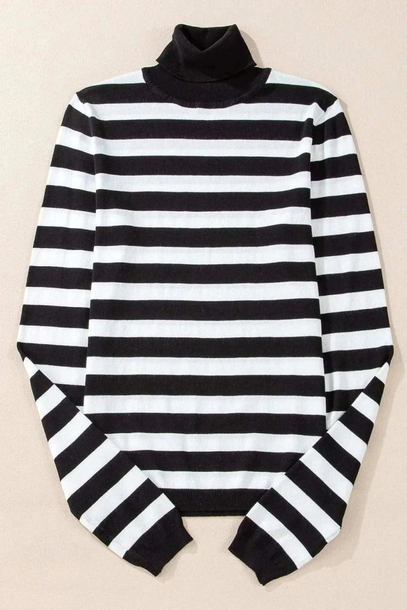 Striped Turtleneck Long Sleeve Knit Top - Love Salve 