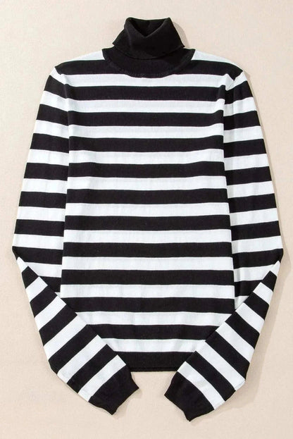 Striped Turtleneck Long Sleeve Knit Top - Love Salve