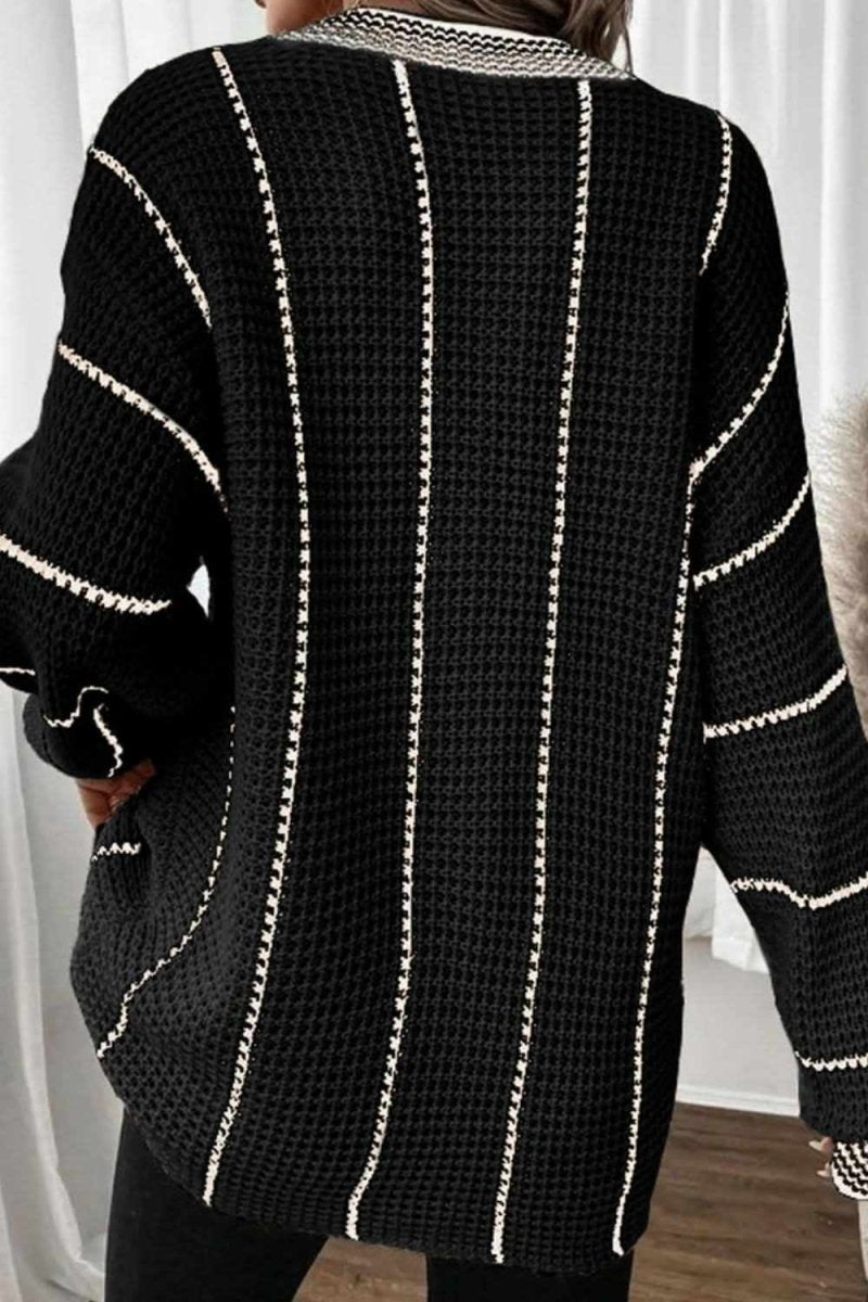 Striped V - Neck Long Sleeve Sweater - Love Salve