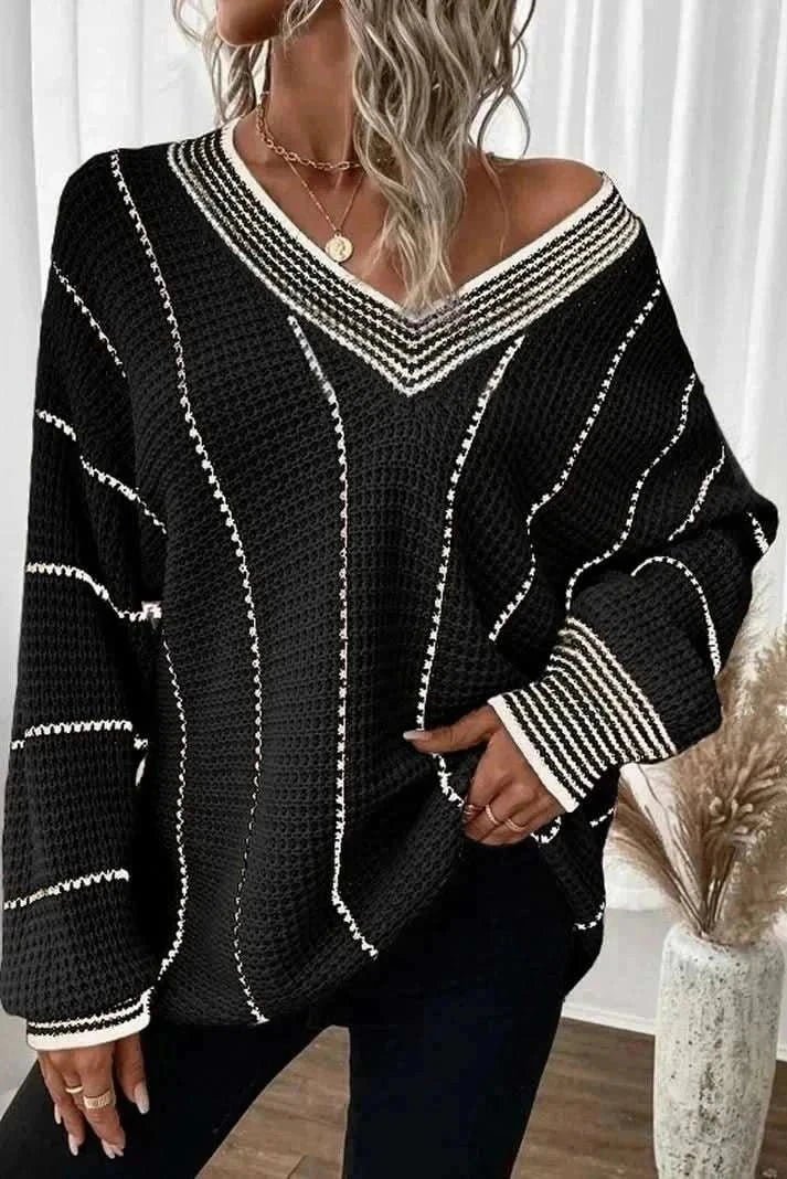 Striped V - Neck Long Sleeve Sweater - Love Salve