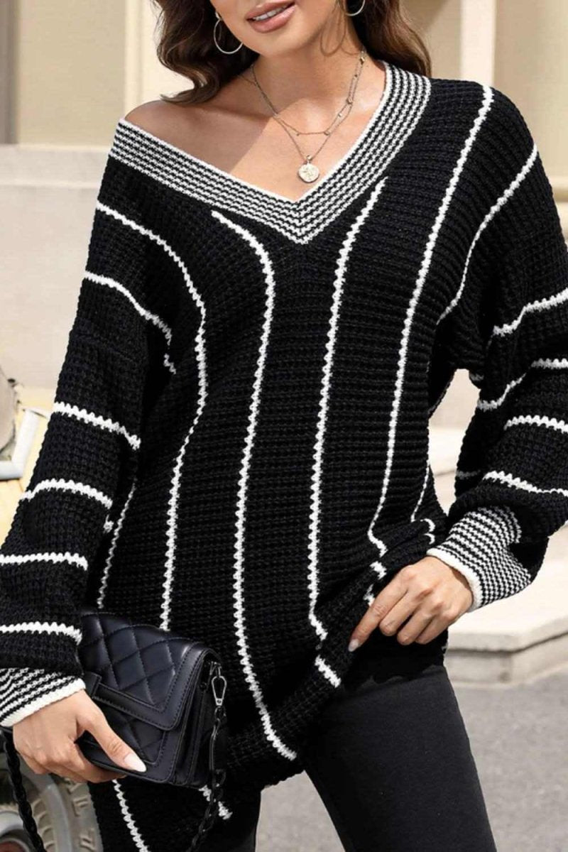 Striped V - Neck Long Sleeve Sweater - Love Salve