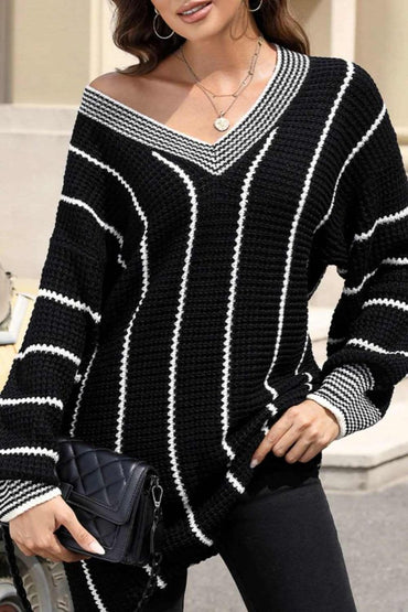 Striped V - Neck Long Sleeve Sweater - Love Salve