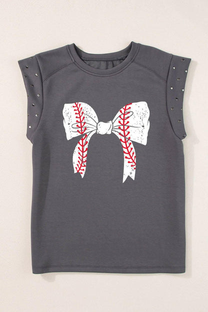 Studded Bow Graphic Round Neck Cap Sleeve T-Shirt - Love Salve