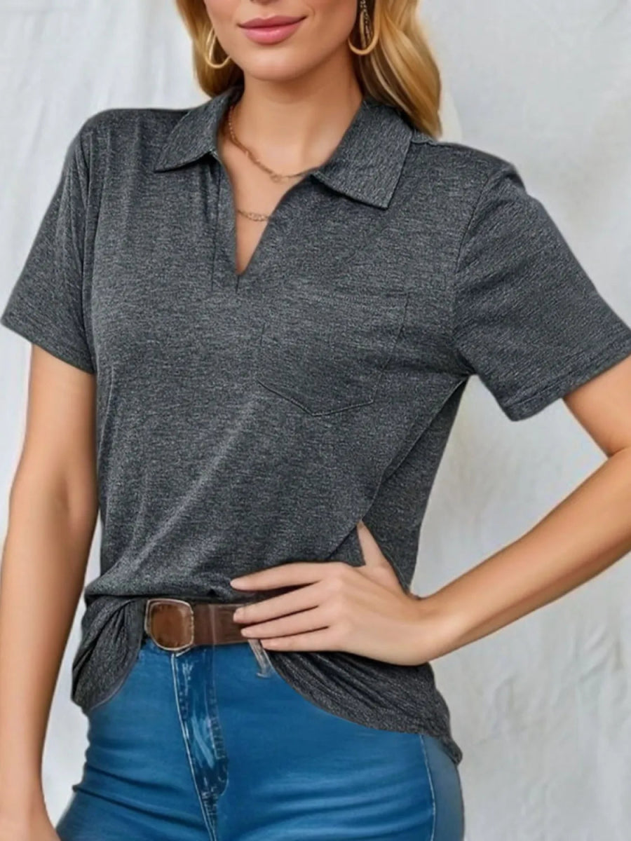 Stylish Johnny Collar Short Sleeve Top for Casual Wear - Love Salve