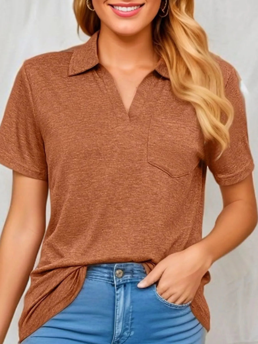 Stylish Johnny Collar Short Sleeve Top for Casual Wear - Love Salve