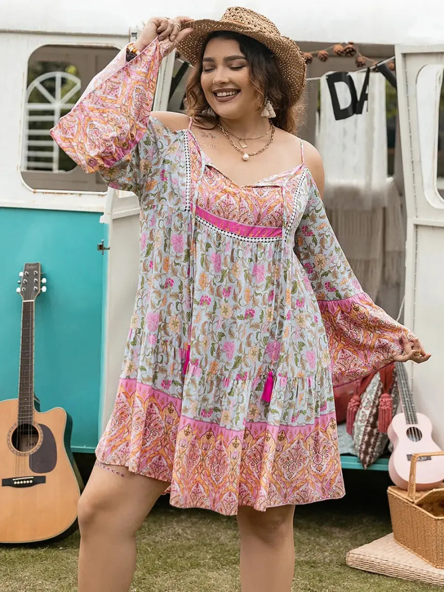 Stylish Plus Size Printed Long Sleeve Mini Dress for Women - Love Salve 