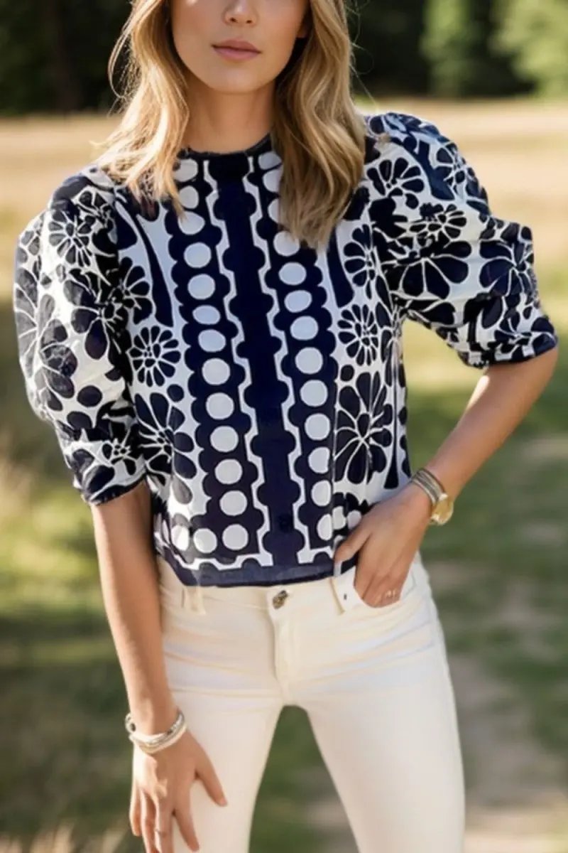 Stylish Printed Round Neck Half Sleeve Blouse for Women - Love Salve 