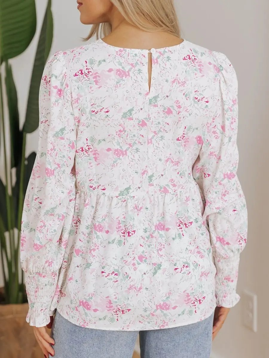 Stylish Printed Round Neck Long Sleeve Blouse for Women - Love Salve 