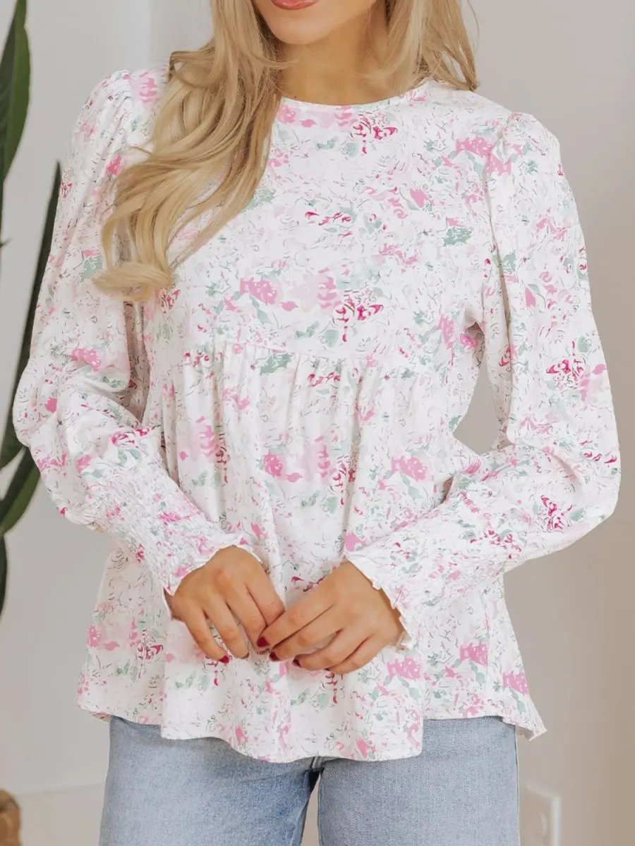 Stylish Printed Round Neck Long Sleeve Blouse for Women - Love Salve 