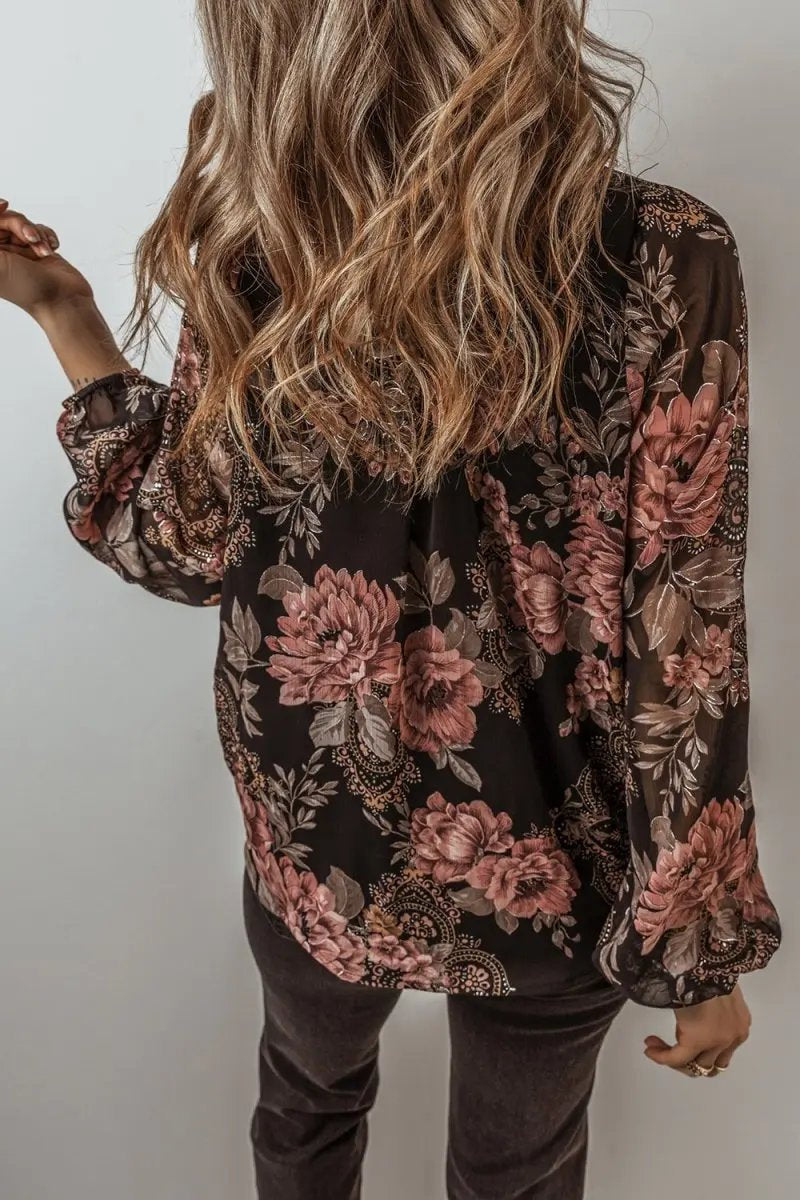 Stylish Printed Surplice Long Sleeve Blouse for Women - Love Salve 