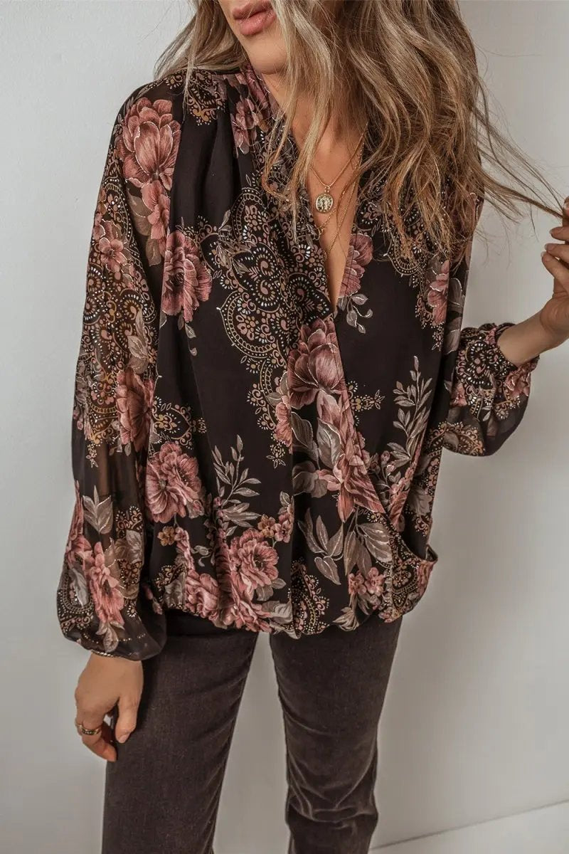 Stylish Printed Surplice Long Sleeve Blouse for Women - Love Salve 