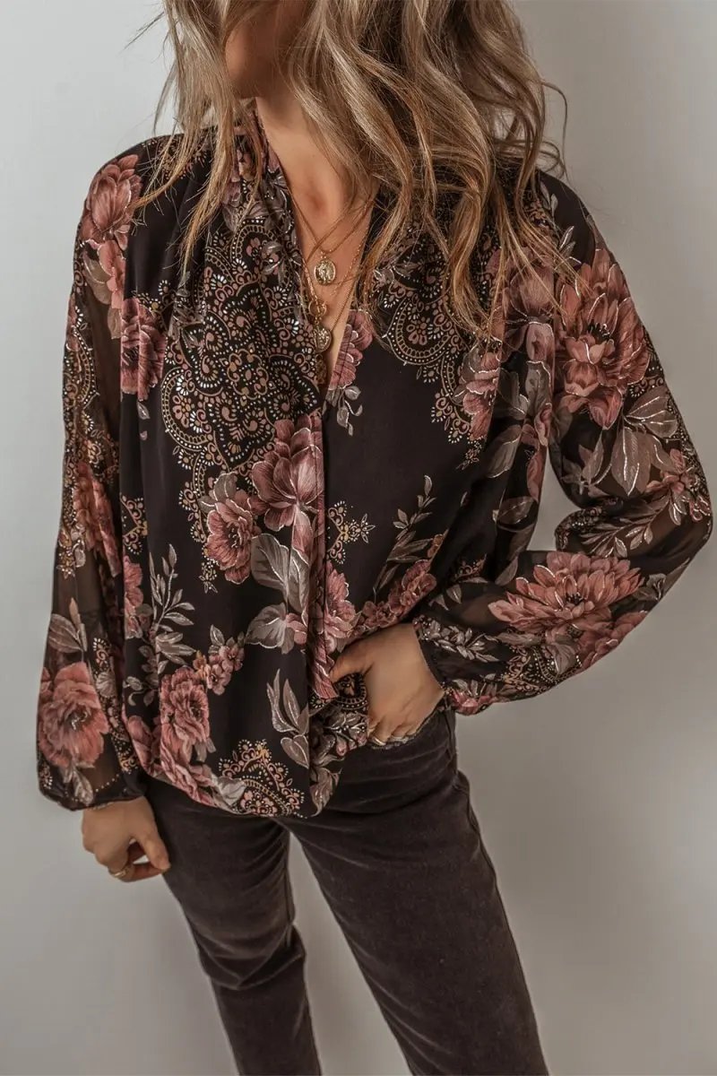 Stylish Printed Surplice Long Sleeve Blouse for Women - Love Salve 