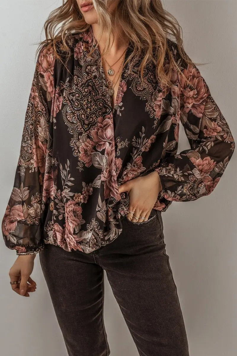 Stylish Printed Surplice Long Sleeve Blouse for Women - Love Salve 