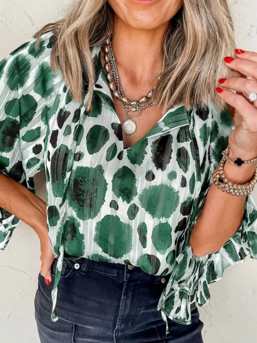 Stylish Printed Tie Neck Three-Quarter Sleeve Blouse - Love Salve 