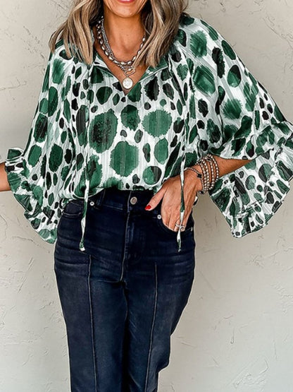 Stylish Printed Tie Neck Three-Quarter Sleeve Blouse - Love Salve 