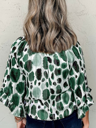 Stylish Printed Tie Neck Three-Quarter Sleeve Blouse - Love Salve 