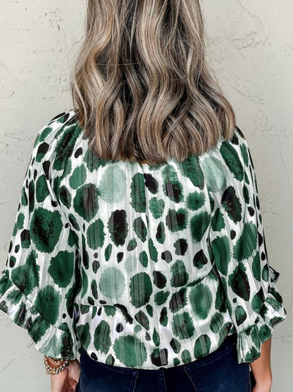 Stylish Printed Tie Neck Three-Quarter Sleeve Blouse - Love Salve 