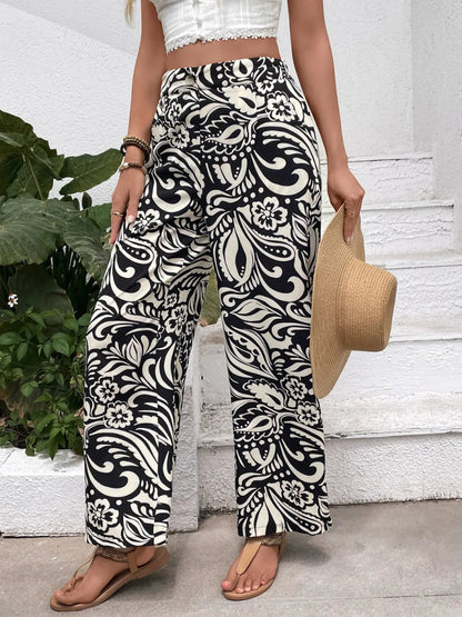 Stylish Printed Wide Leg Pants with Pockets and Buttons - Love Salve 