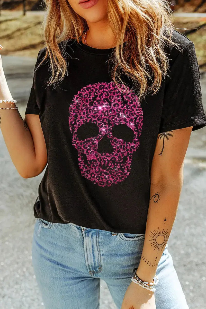 Stylish Rhinestone Round Neck Short Sleeve T-Shirt for Women - Love Salve 